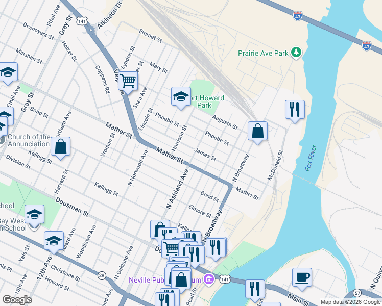 map of restaurants, bars, coffee shops, grocery stores, and more near 715 North Ashland Avenue in Green Bay
