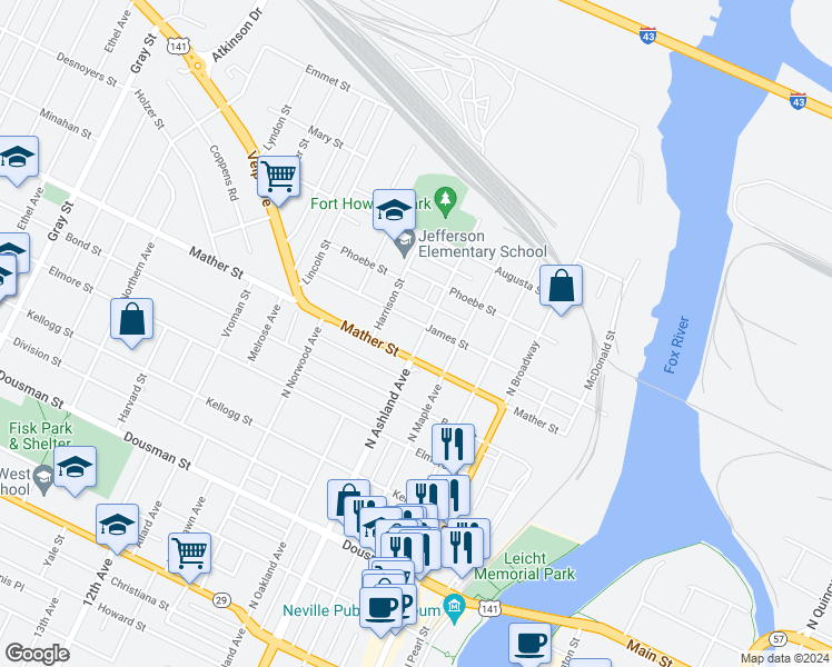 map of restaurants, bars, coffee shops, grocery stores, and more near 715 North Ashland Avenue in Green Bay