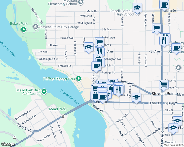 map of restaurants, bars, coffee shops, grocery stores, and more near 1004 1st Street in Stevens Point