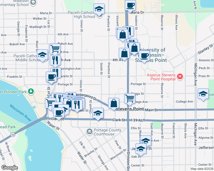 map of restaurants, bars, coffee shops, grocery stores, and more near 1017 Smith Street in Stevens Point