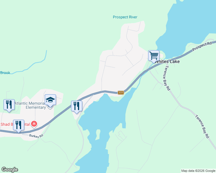 map of restaurants, bars, coffee shops, grocery stores, and more near 3455 Prospect Road in Whites Lake