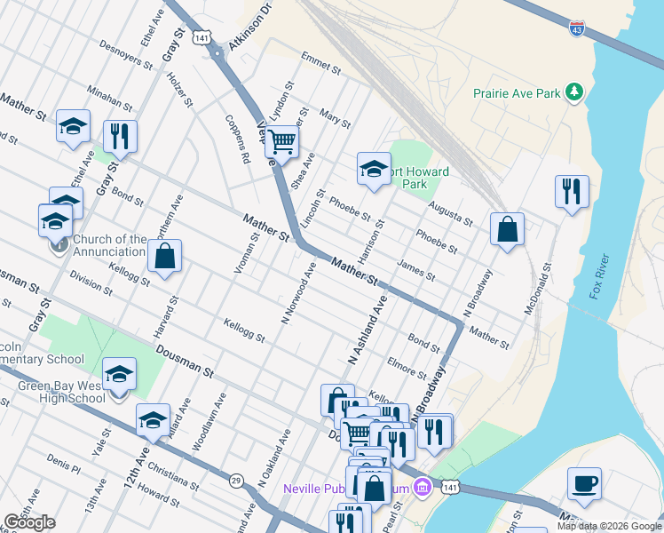 map of restaurants, bars, coffee shops, grocery stores, and more near 827 Mather Street in Green Bay