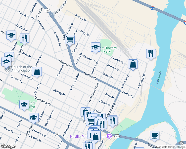 map of restaurants, bars, coffee shops, grocery stores, and more near 728 Mather Street in Green Bay