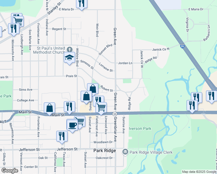 map of restaurants, bars, coffee shops, grocery stores, and more near 3838 Robert Street in Stevens Point