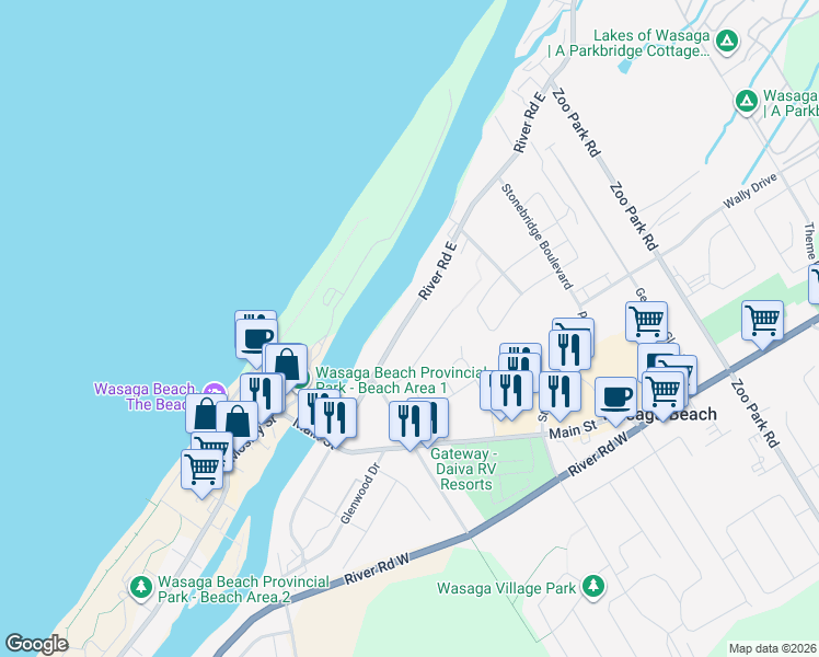 map of restaurants, bars, coffee shops, grocery stores, and more near 113 River Road East in Wasaga Beach
