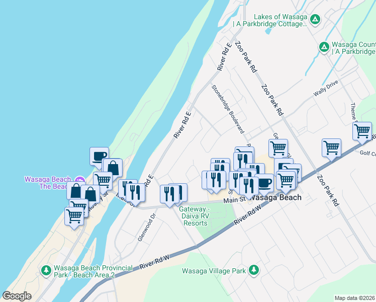 map of restaurants, bars, coffee shops, grocery stores, and more near in Wasaga Beach