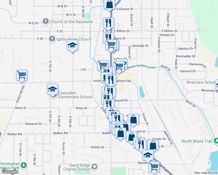 map of restaurants, bars, coffee shops, grocery stores, and more near 2090 South Santiam Highway in Lebanon