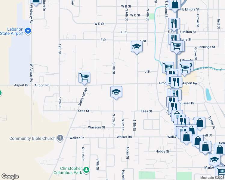 map of restaurants, bars, coffee shops, grocery stores, and more near 2014 South 7th Street in Lebanon