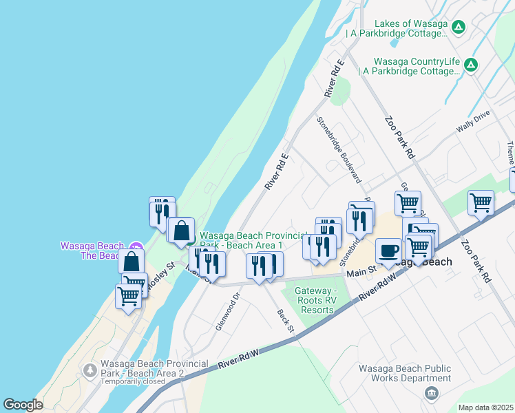 map of restaurants, bars, coffee shops, grocery stores, and more near 113 River Road East in Wasaga Beach