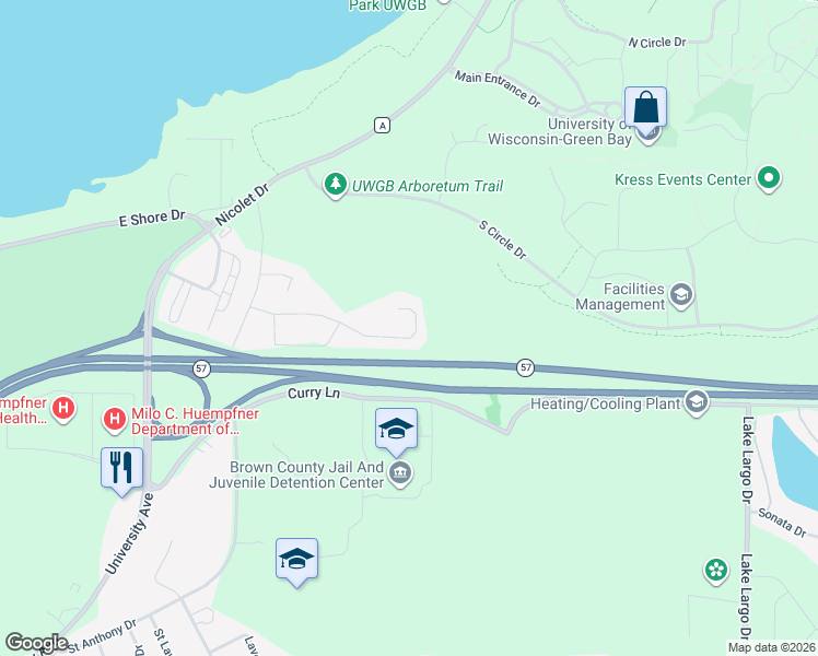 map of restaurants, bars, coffee shops, grocery stores, and more near 2100 Emmalane Drive in Green Bay