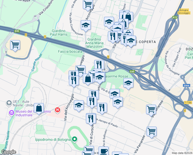 map of restaurants, bars, coffee shops, grocery stores, and more near Via Luciano Proni in Bologna
