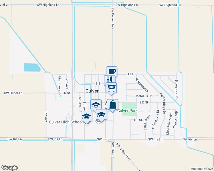 map of restaurants, bars, coffee shops, grocery stores, and more near 300 2nd Avenue in Culver