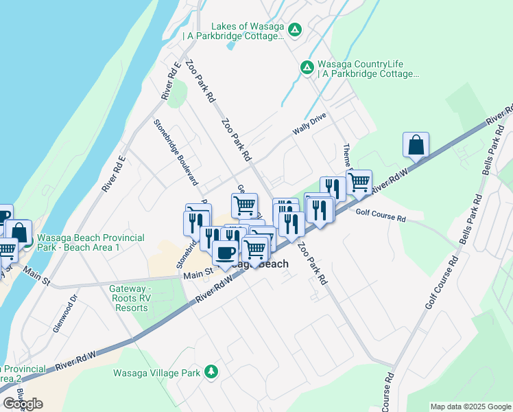 map of restaurants, bars, coffee shops, grocery stores, and more near 56 Georgian Glen Drive in Wasaga Beach