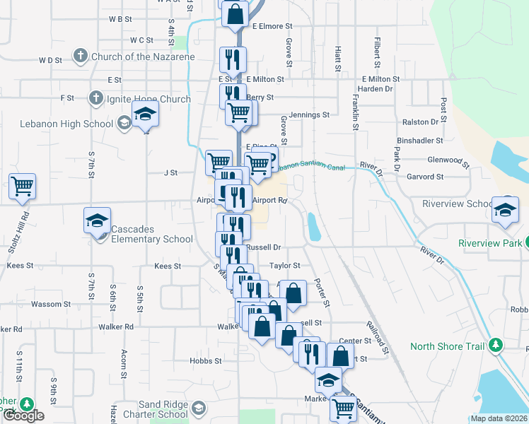 map of restaurants, bars, coffee shops, grocery stores, and more near 36 East Airport Road in Lebanon
