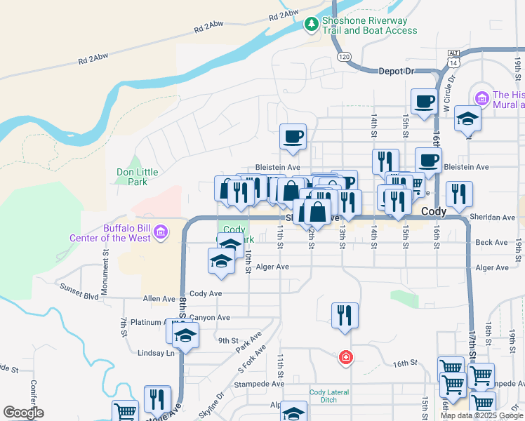 map of restaurants, bars, coffee shops, grocery stores, and more near 1015 Sheridan Avenue in Cody