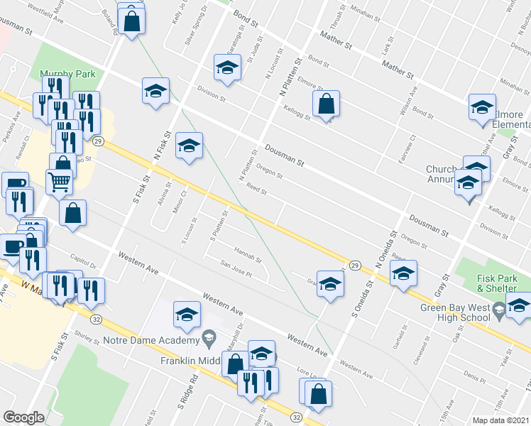 map of restaurants, bars, coffee shops, grocery stores, and more near 1310 Shawano Avenue in Green Bay