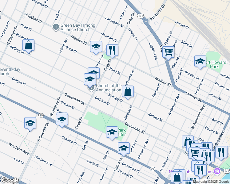 map of restaurants, bars, coffee shops, grocery stores, and more near 406 Northern Avenue in Green Bay