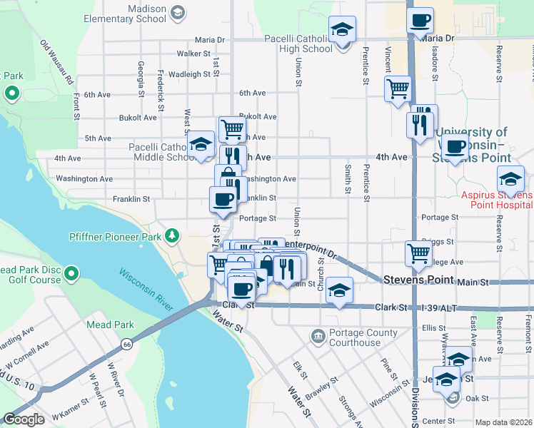 map of restaurants, bars, coffee shops, grocery stores, and more near 1017 3rd Street in Stevens Point