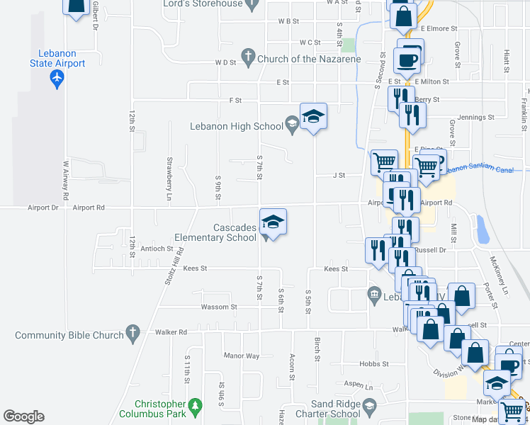 map of restaurants, bars, coffee shops, grocery stores, and more near 2014 South 7th Street in Lebanon