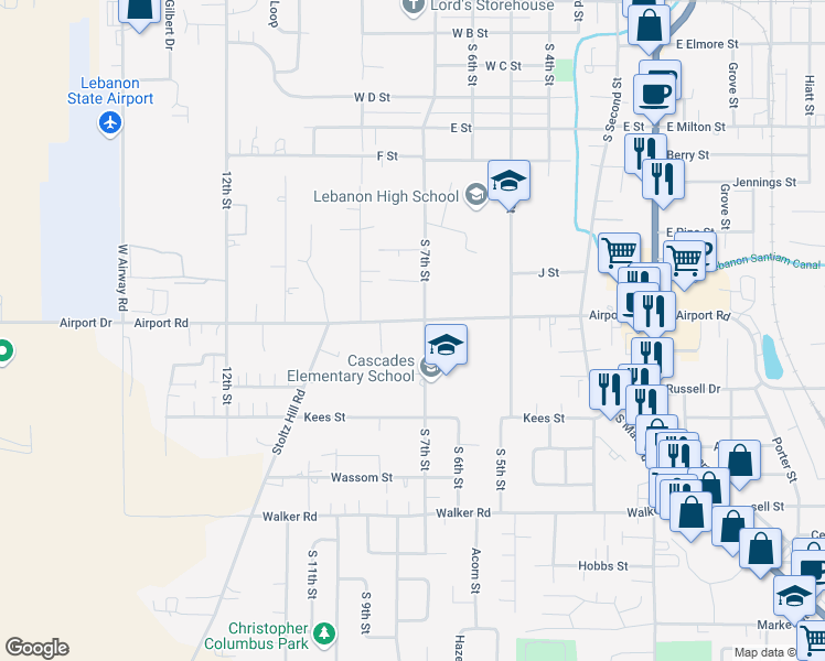 map of restaurants, bars, coffee shops, grocery stores, and more near 2014 South 7th Street in Lebanon
