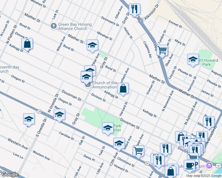 map of restaurants, bars, coffee shops, grocery stores, and more near 406 Northern Avenue in Green Bay