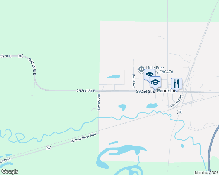 map of restaurants, bars, coffee shops, grocery stores, and more near 3820 County Road 88 in Randolph