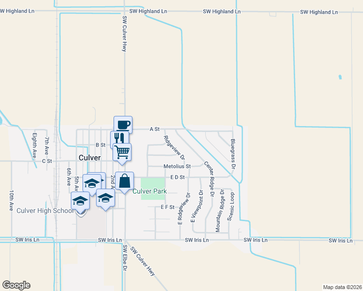 map of restaurants, bars, coffee shops, grocery stores, and more near 357 Center Ridge Drive in Culver