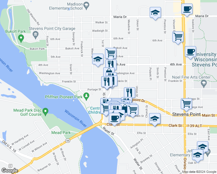 map of restaurants, bars, coffee shops, grocery stores, and more near 924 2nd Street in Stevens Point