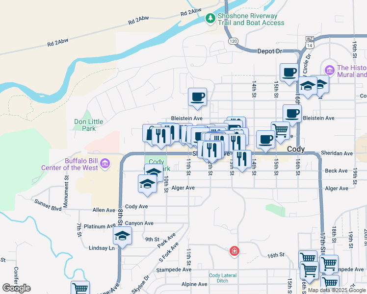 map of restaurants, bars, coffee shops, grocery stores, and more near 1024-1092 Sheridan Avenue in Cody