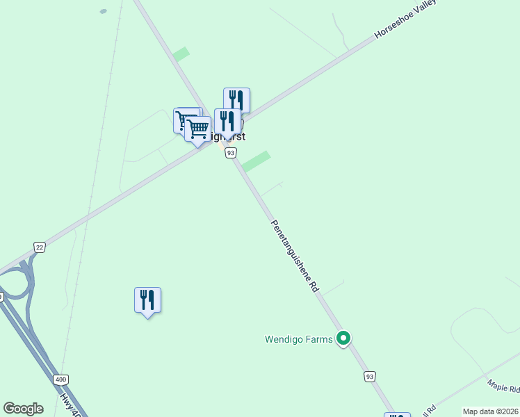 map of restaurants, bars, coffee shops, grocery stores, and more near 3324 Penetanguishene Road in Barrie