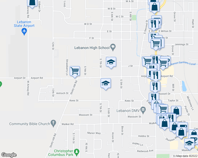 map of restaurants, bars, coffee shops, grocery stores, and more near 2008 South 7th Street in Lebanon