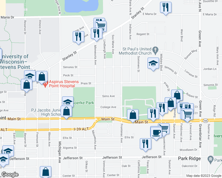 map of restaurants, bars, coffee shops, grocery stores, and more near 1000 Soo Marie Avenue in Stevens Point