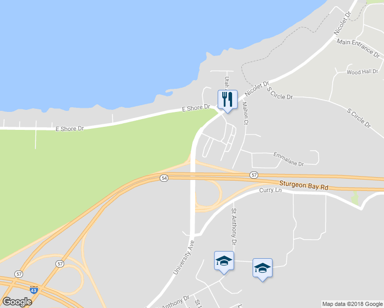 map of restaurants, bars, coffee shops, grocery stores, and more near 2216 Nicolet Drive in Green Bay