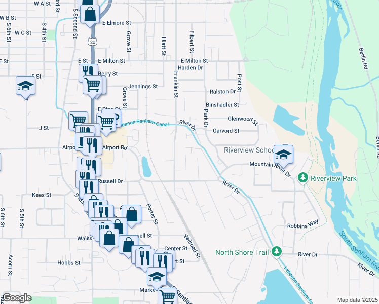 map of restaurants, bars, coffee shops, grocery stores, and more near 2046 River Drive in Lebanon