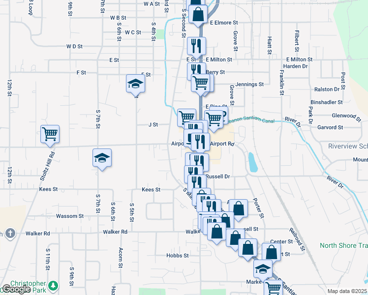 map of restaurants, bars, coffee shops, grocery stores, and more near 2093 Larsen Lane in Lebanon