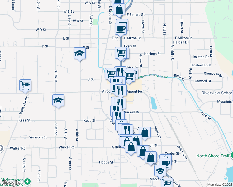 map of restaurants, bars, coffee shops, grocery stores, and more near 2090 South Santiam Highway in Lebanon