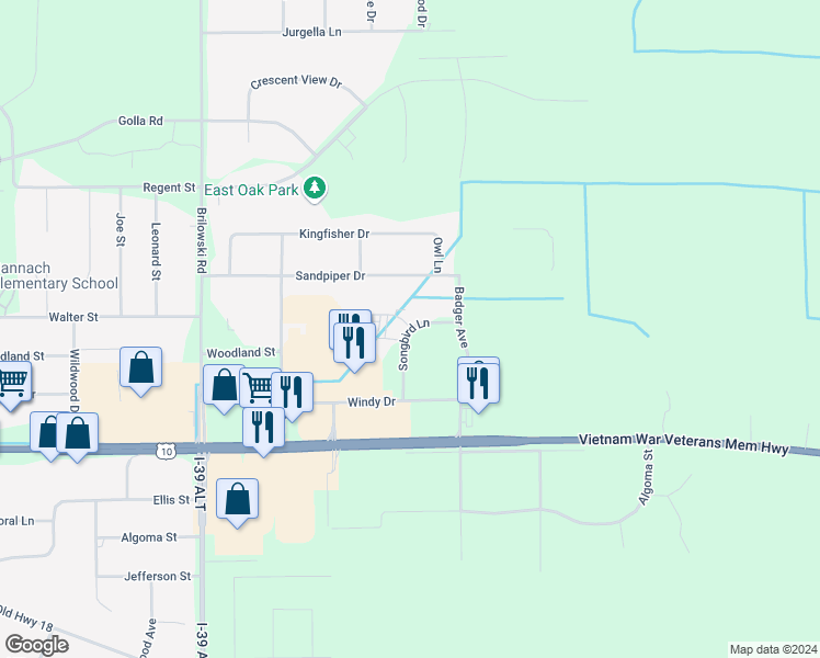 map of restaurants, bars, coffee shops, grocery stores, and more near 816 Songbird Lane in Stevens Point
