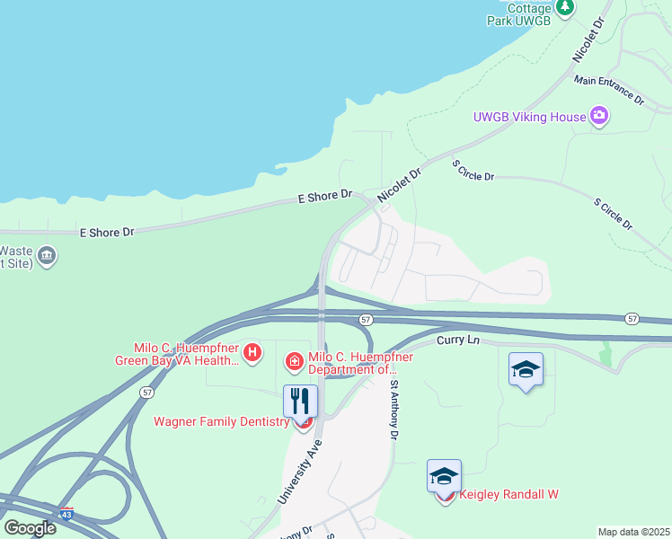 map of restaurants, bars, coffee shops, grocery stores, and more near 2202B Nicolet Drive in Green Bay