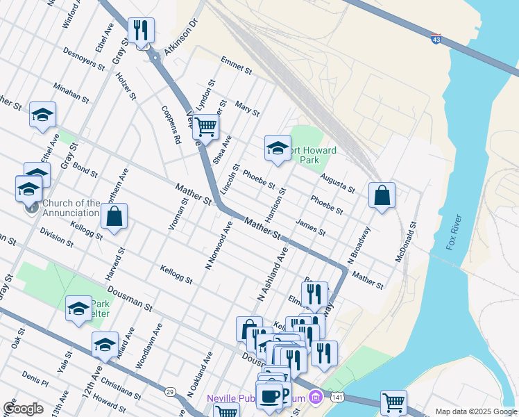 map of restaurants, bars, coffee shops, grocery stores, and more near 819 Phoebe Street in Green Bay
