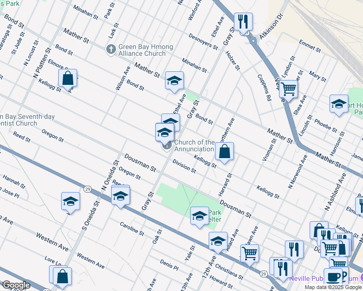 map of restaurants, bars, coffee shops, grocery stores, and more near 1062 Kellogg Street in Green Bay