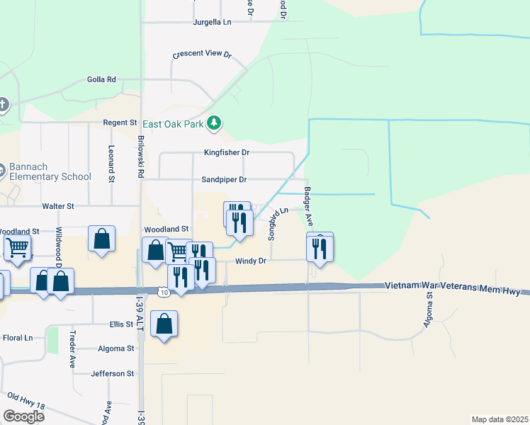 map of restaurants, bars, coffee shops, grocery stores, and more near 924 Songbird Lane in Stevens Point