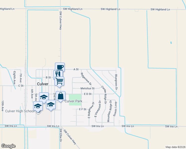map of restaurants, bars, coffee shops, grocery stores, and more near 507 A Street in Culver