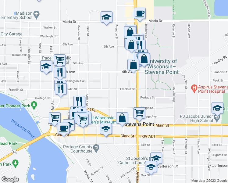 map of restaurants, bars, coffee shops, grocery stores, and more near 902 Prentice Street in Stevens Point