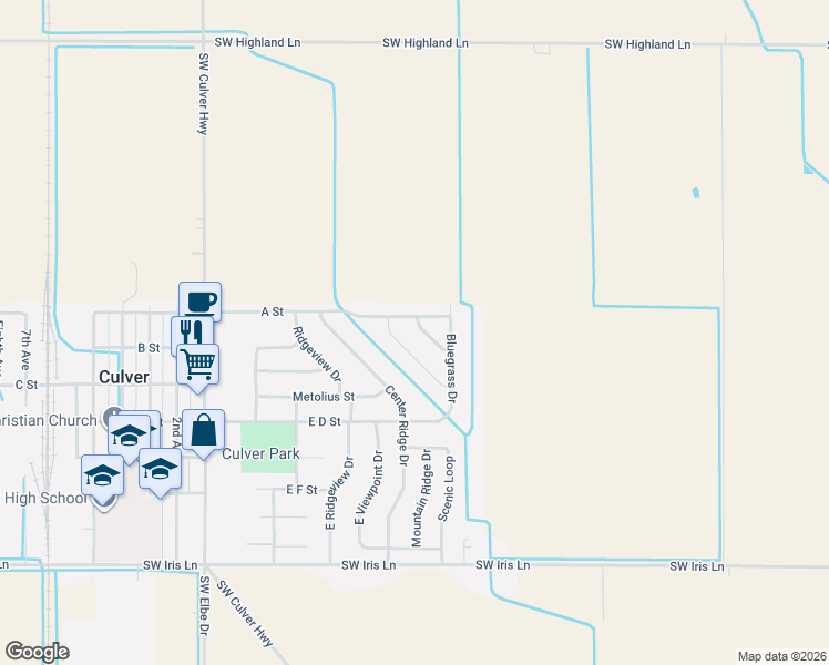 map of restaurants, bars, coffee shops, grocery stores, and more near 229 Alfalfa Drive in Culver