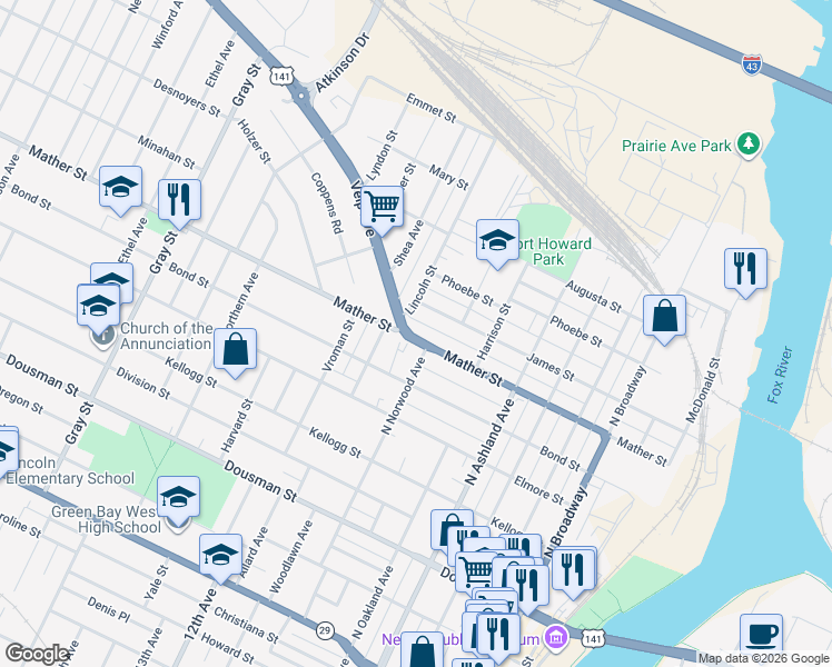map of restaurants, bars, coffee shops, grocery stores, and more near 705 Lincoln Street in Green Bay