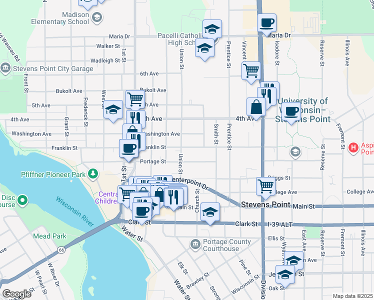 map of restaurants, bars, coffee shops, grocery stores, and more near 817 Union Street in Stevens Point