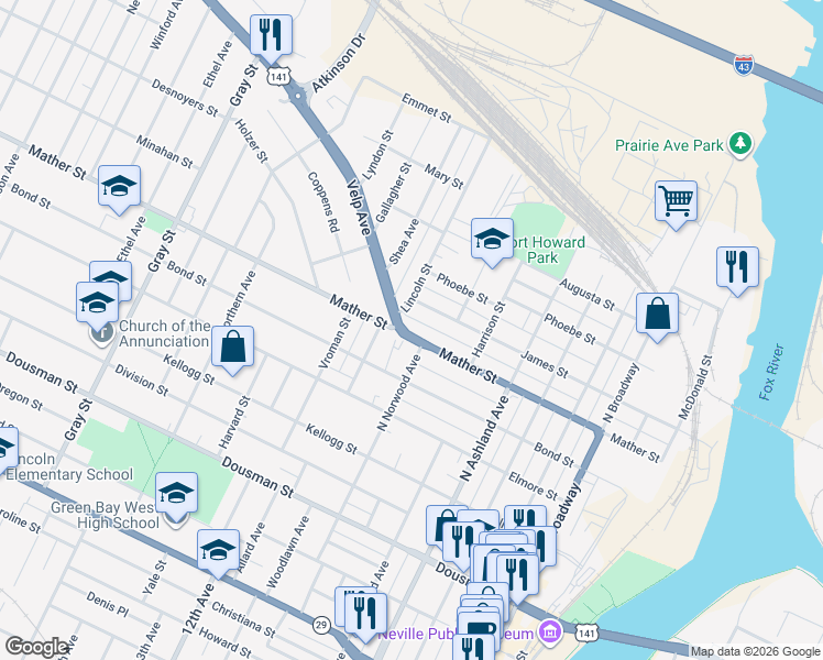 map of restaurants, bars, coffee shops, grocery stores, and more near 705 Lincoln Street in Green Bay