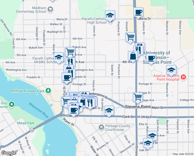 map of restaurants, bars, coffee shops, grocery stores, and more near 817 Union Street in Stevens Point