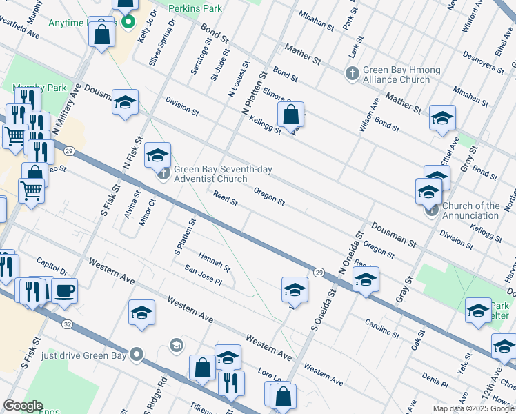 map of restaurants, bars, coffee shops, grocery stores, and more near 1301 Oregon Street in Green Bay