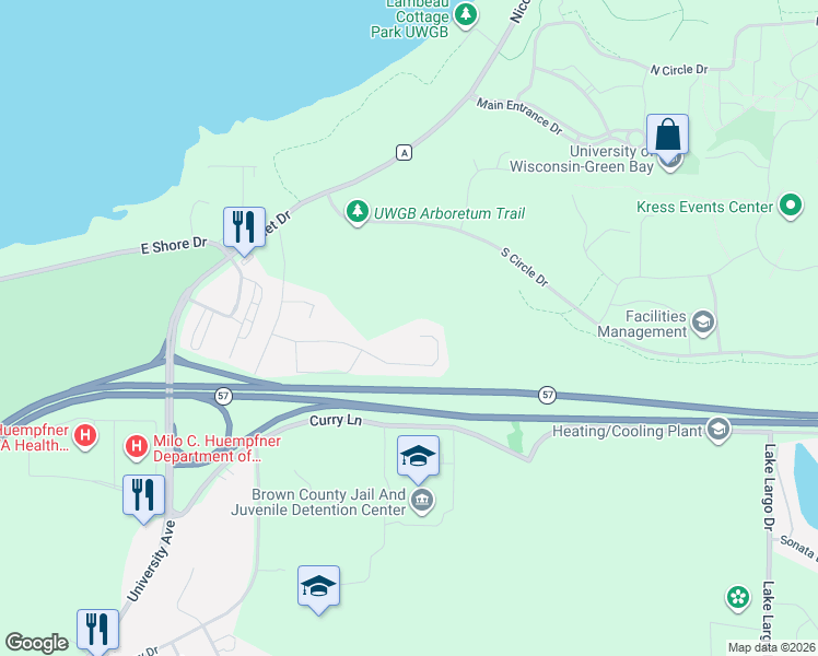 map of restaurants, bars, coffee shops, grocery stores, and more near 2126 Emmalane Drive in Green Bay